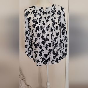 Navy and white pintuck blouse